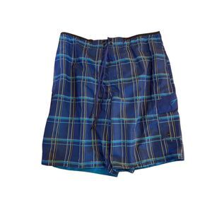 Speedo men’s swim trunks deep ocean blue plaid mesh lined board shorts S/XL
